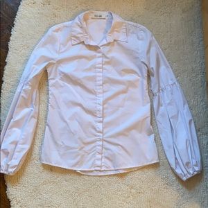 Button down white blouse with bubble sleeve detail